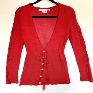 Vintage Liz Williams NYC Knit Cardigan Red Tie Front 90s Y2K Stretch Medium